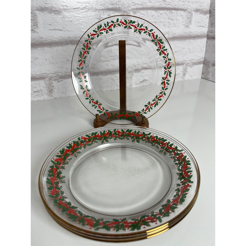 Vintage Arcoroc France Clear Glass Christmas Holly Ribbon Salad Plates Set/4 8"